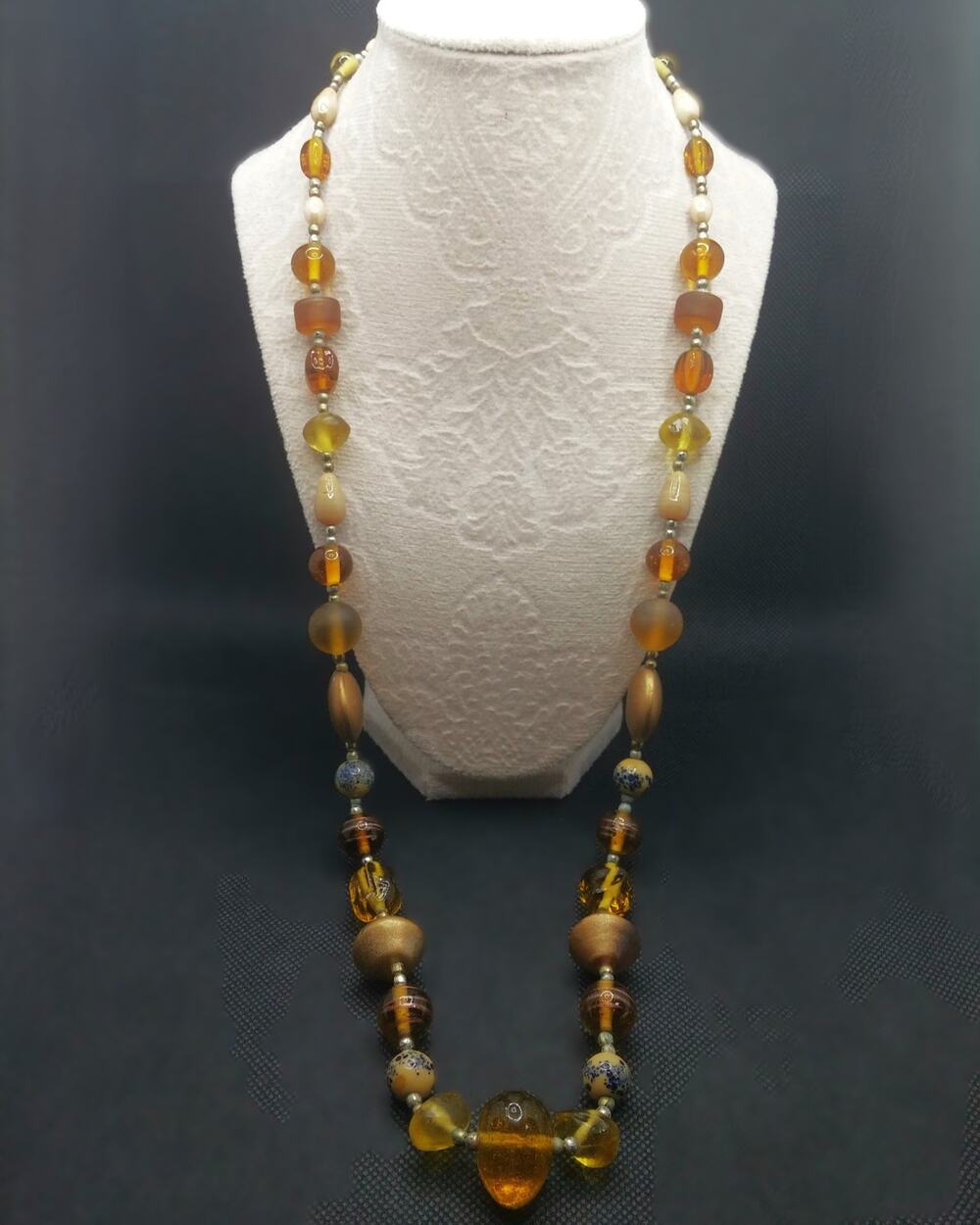 Vintage Long Beaded Glass Necklace Honey Tones Czech Frosted Satin 32 In Length